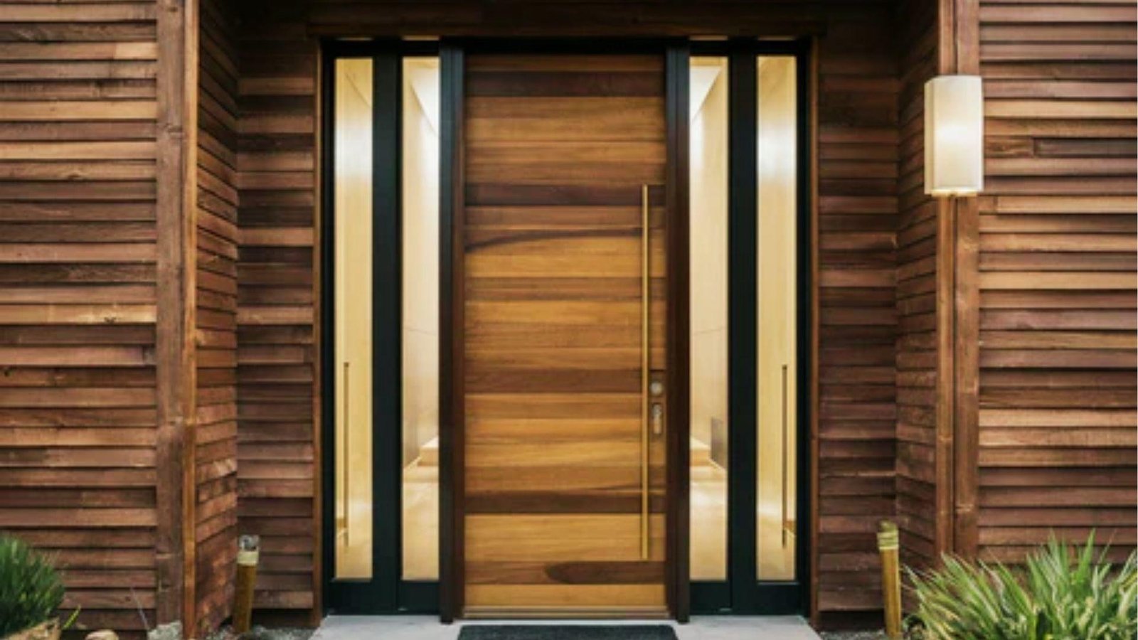 Modern wood pivot exterior door with insulated core and glass sidelights designed for cold weather energy efficiency
