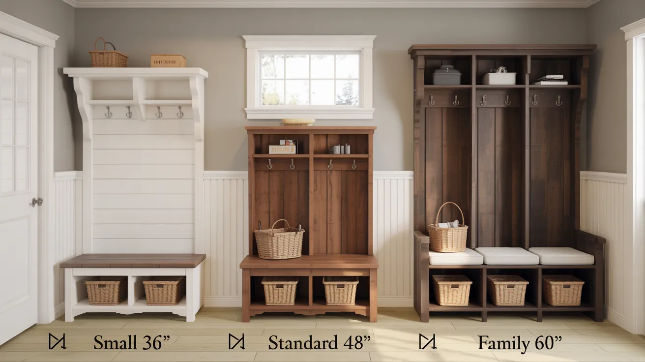 Comparison of small, standard, and large mudroom bench sizes in different spaces.