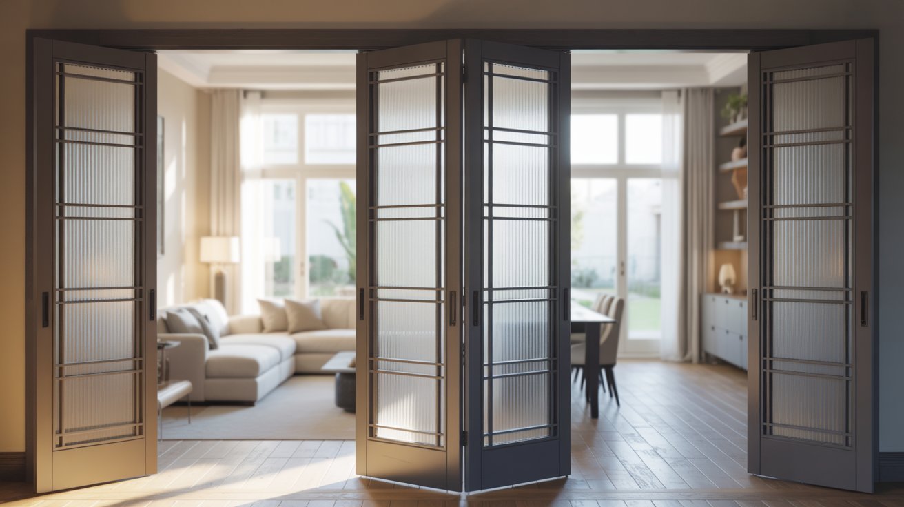 French pocket doors with glass panels connecting bright rooms while preserving openness.