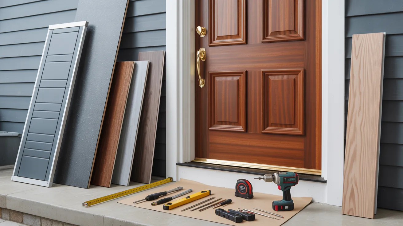 Realistic home entrance showing door materials condition and tools representing factors affecting exterior door replacement cost.