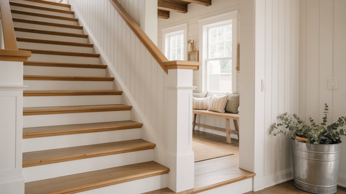 Stairway farmhouse entryway with extended board and batten wall design