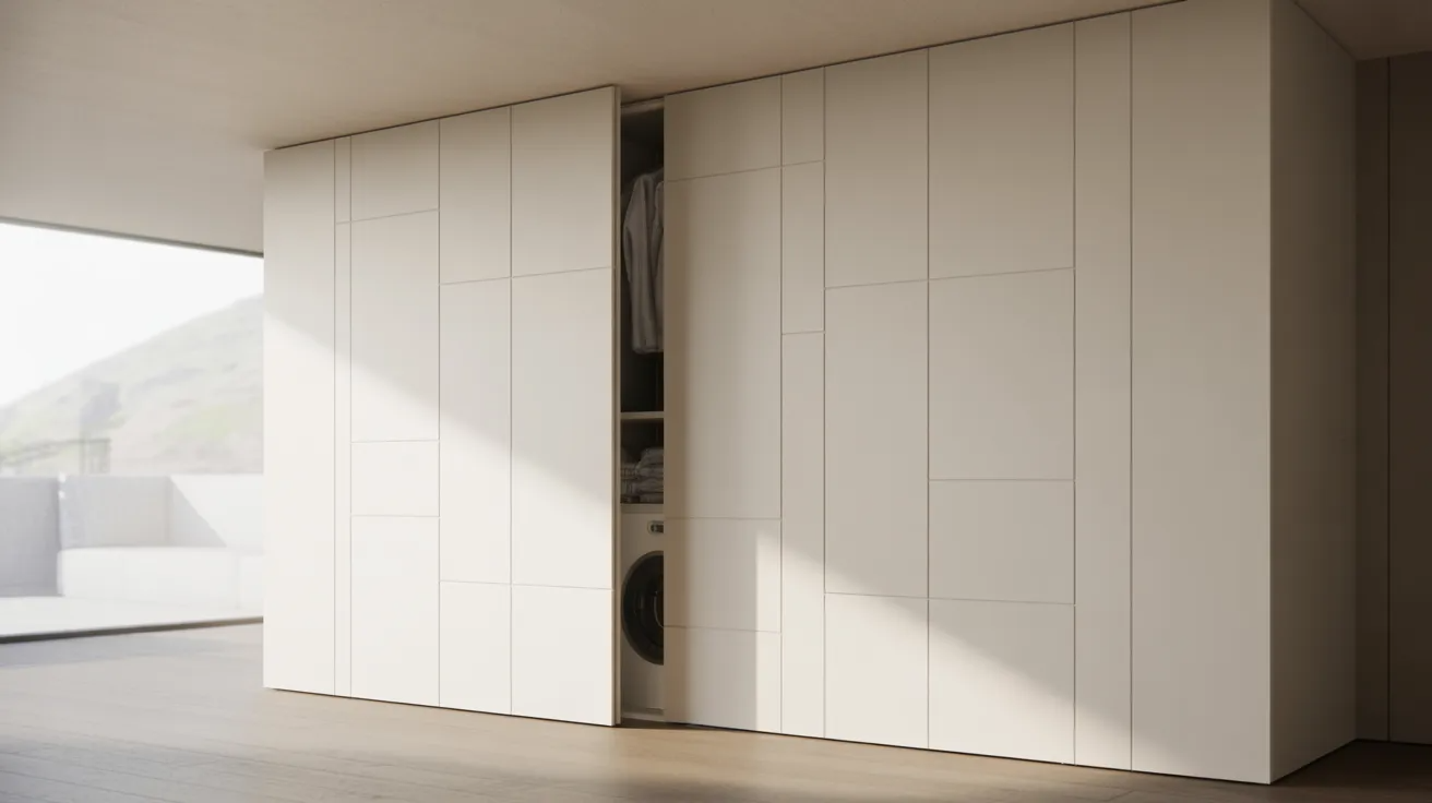 Hidden laundry closet door blending into the wall.