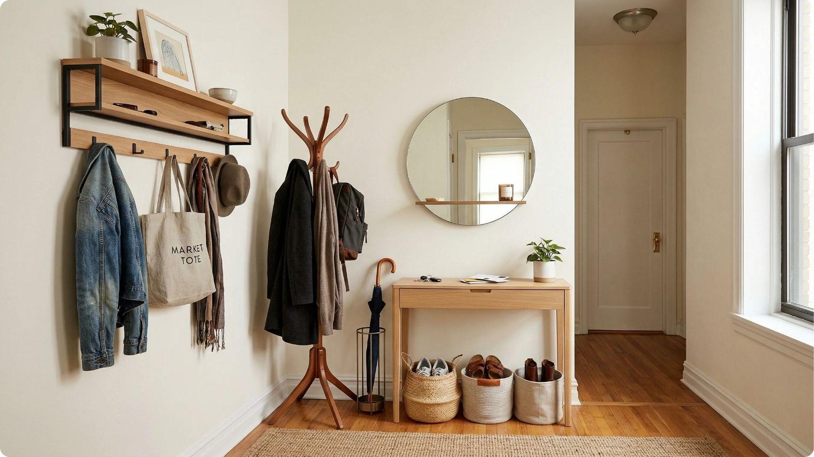 A corner entryway uses wall-mounted shelves with hooks, a freestanding coat rack, and a slim console table.