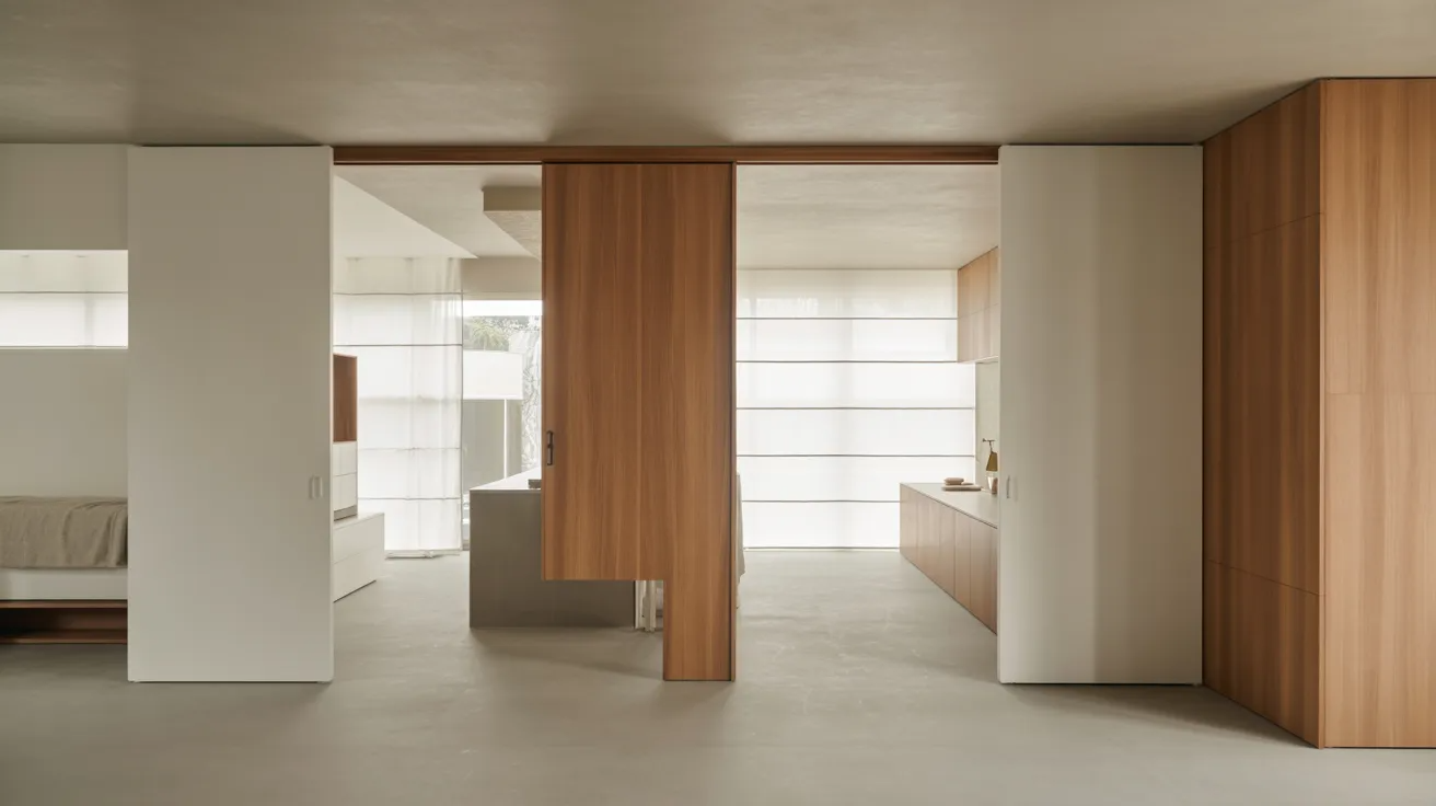 Modern wooden pocket door sliding into a wall in a small contemporary home interior