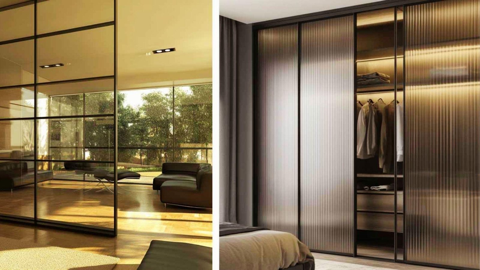 Black-framed glass entryway flooding room with natural light next to reeded etched glass wardrobe doors balancing privacy and brightness.