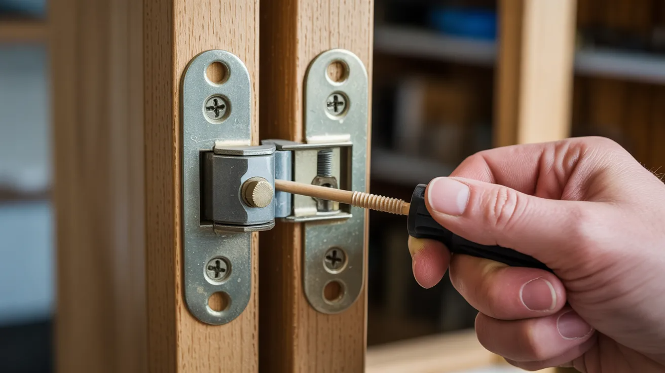 Tightening and reinforcing a loose pivot bracket on a bifold door frame.