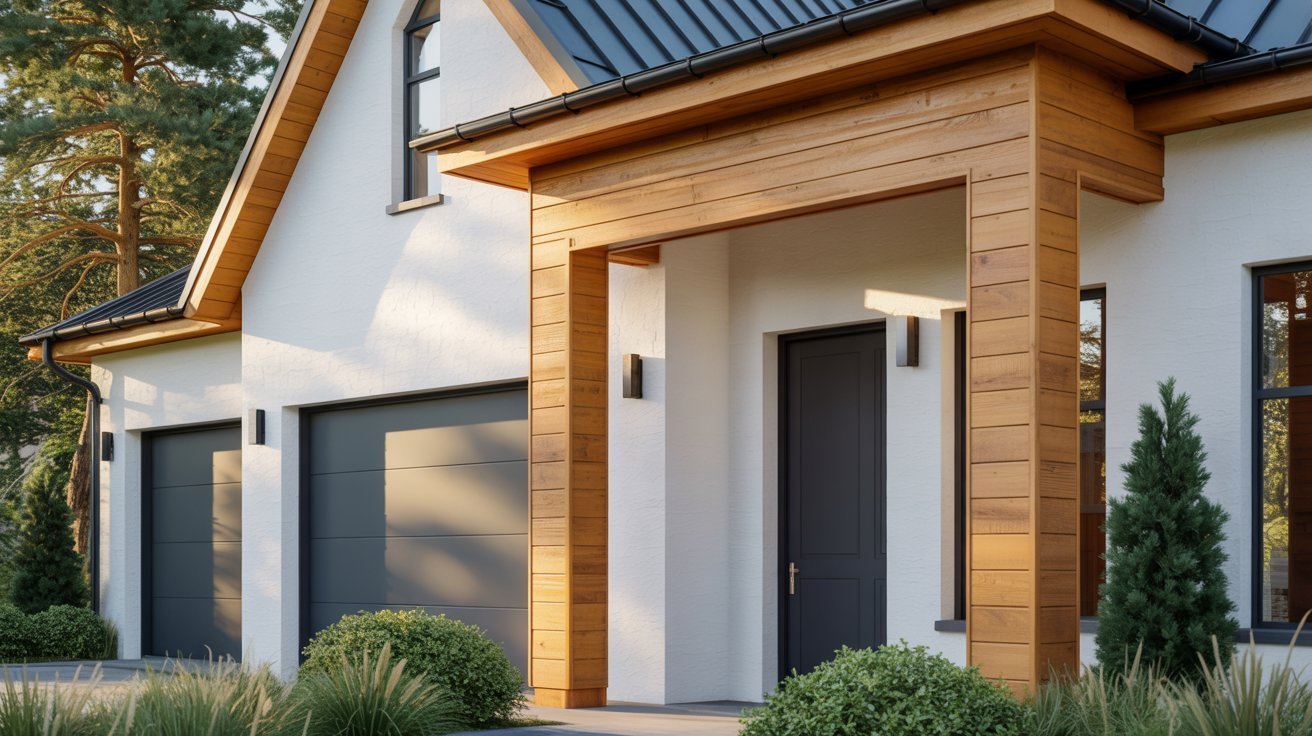 "White Scandinavian-style house with black garage doors and warm natural wood exterior accents."