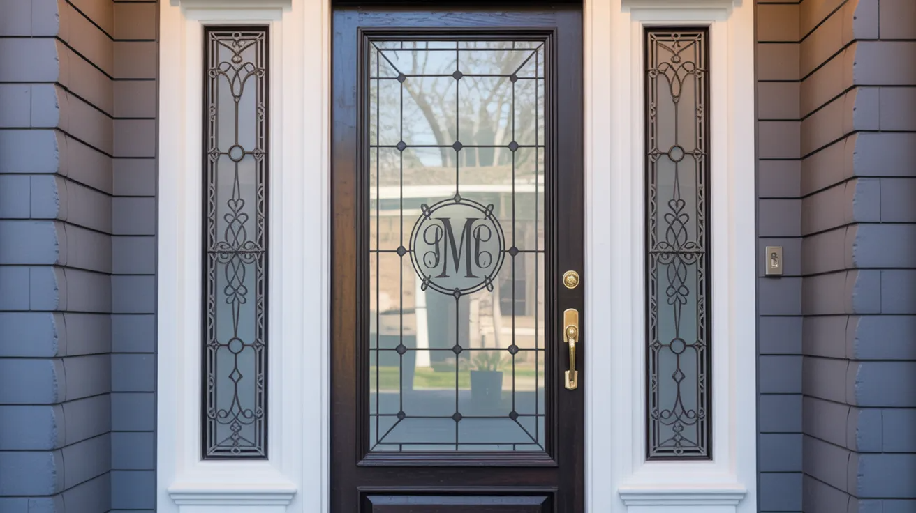 Front door with custom monogram etched glass creating a personalized and elegant entryway design.