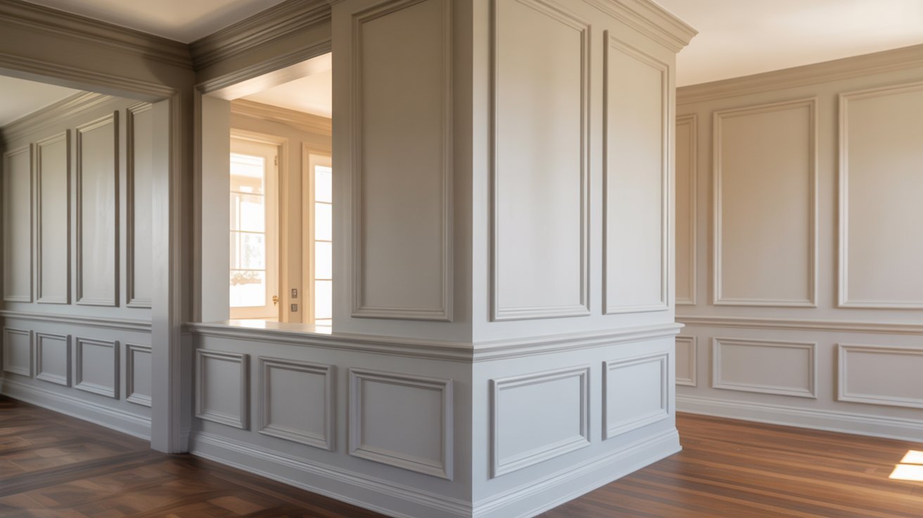 Floor-to-ceiling board and batten entryway with tall walls and elegant design.
