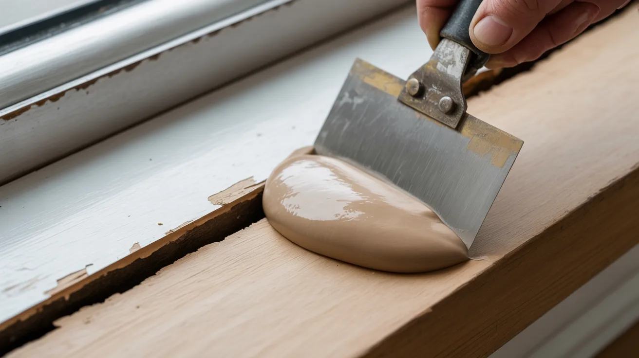 Putty knife pressing wood filler into a crack on a white painted door frame