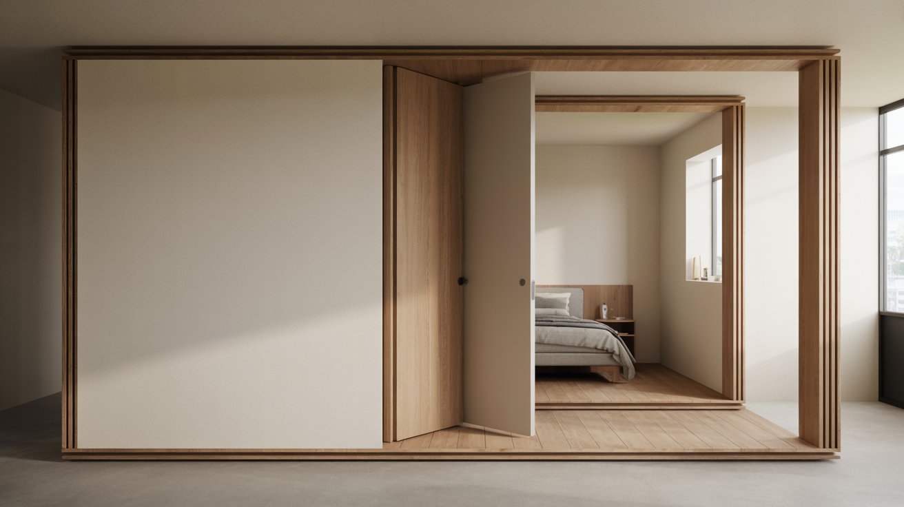 "Modern interior showing a pocket door slid into a wall cavity in a compact home space, illustrating space-saving design between connected rooms"