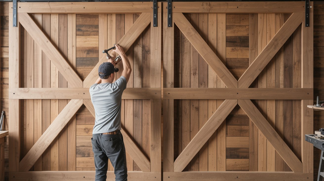 Attaching decorative wooden cross braces in classic X pattern on barn door.