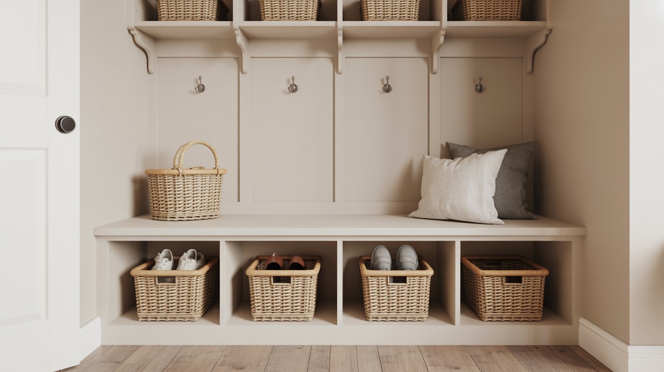 DIY mudroom bench with open cubbies for shoe storage