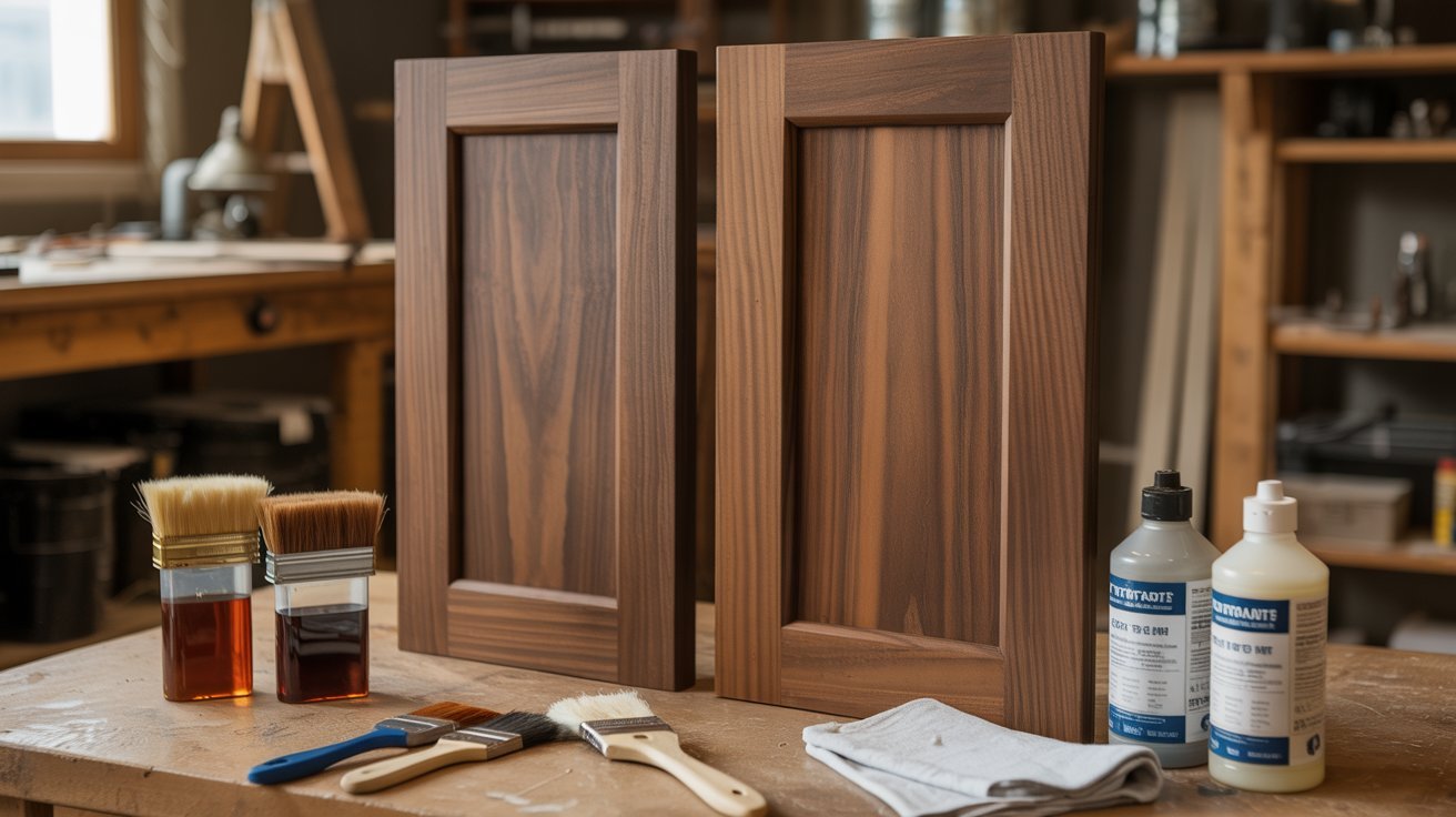 Applying matching stain and protective finish to completed double barn doors.