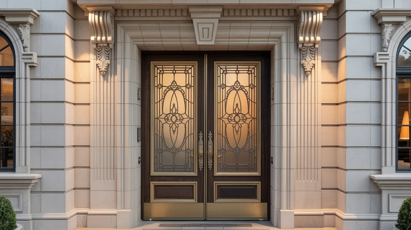Double front doors with matching etched glass panels creating a grand symmetrical entrance.