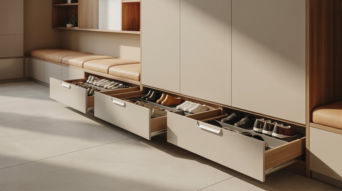 "Mudroom drop zone with built-in pull-out shoe drawers and hidden organized footwear storage."